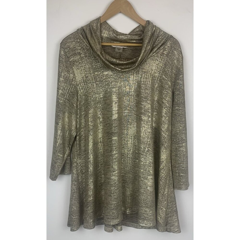 Allison Daley‎ Metallic Tunic Gold & Black Cowl Neck 3/4 Sleeve Pullover Size L